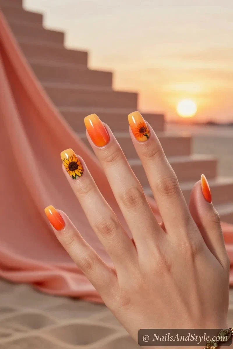 Sunflower sunset nails with a sunflower over a coral-to-gold sunset gradient on medium almond nails