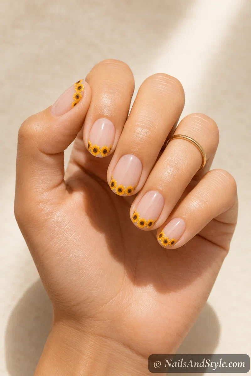 Sunflower tip nails with tiny sunflowers along the tips over a sheer base on short oval nails