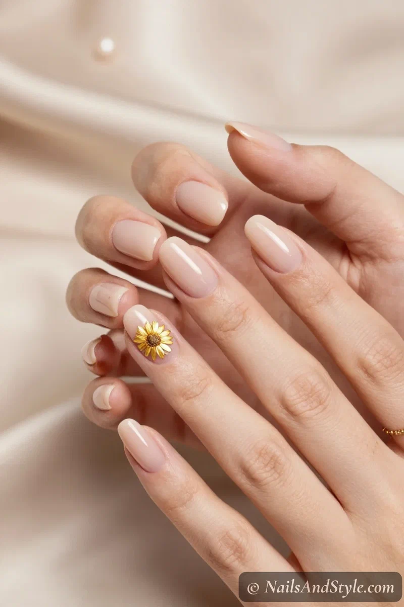 Tiny sunflower cuticle nails with a small sunflower near the cuticle of an accent nail over a nude base, short almond nails