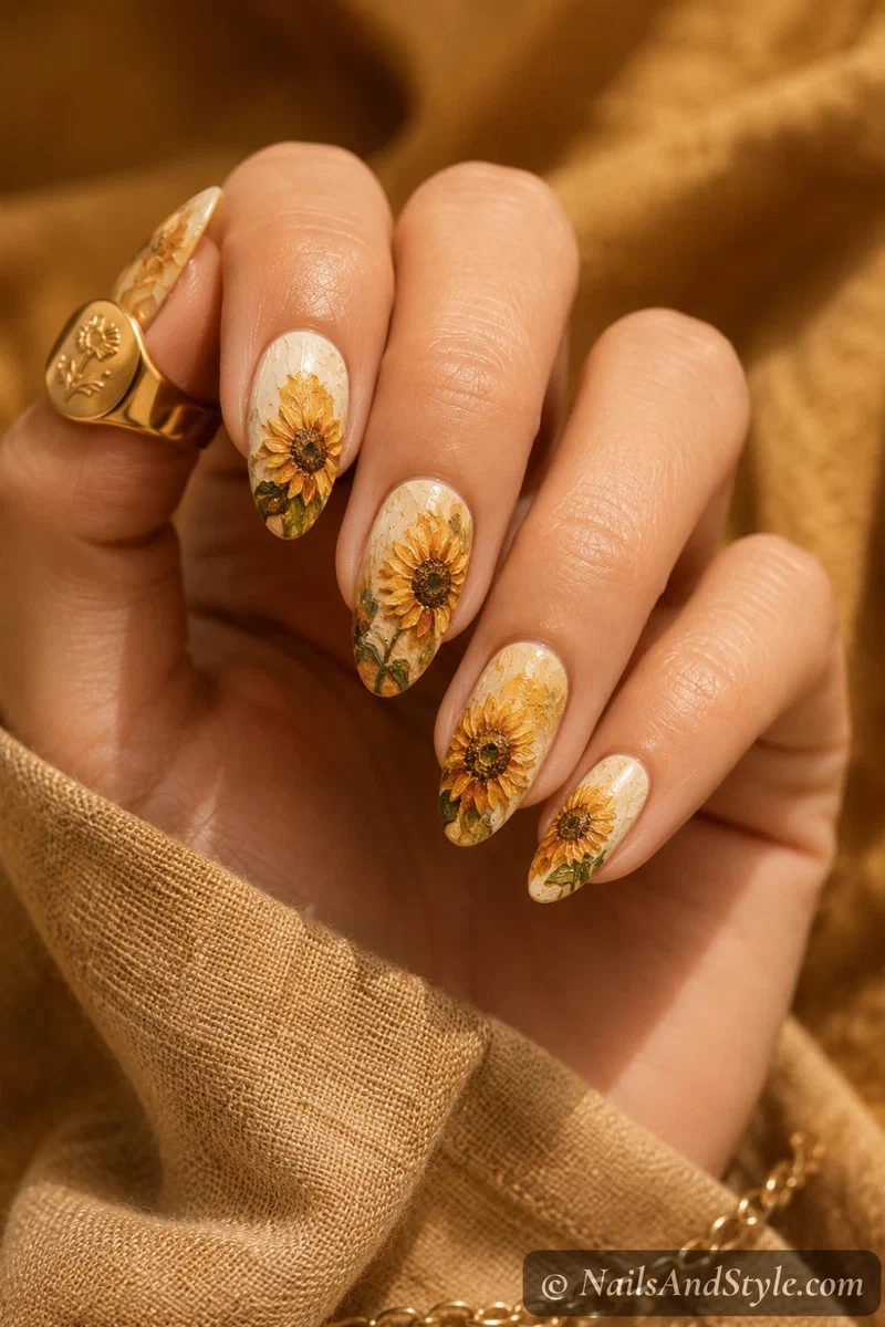 Van Gogh style sunflower nails with textured painterly gold and rust petals over a cream base on medium almond nails