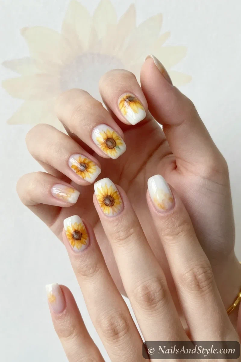 Watercolor sunflower nails with soft feathered yellow and brown sunflower over a white base on medium oval nails