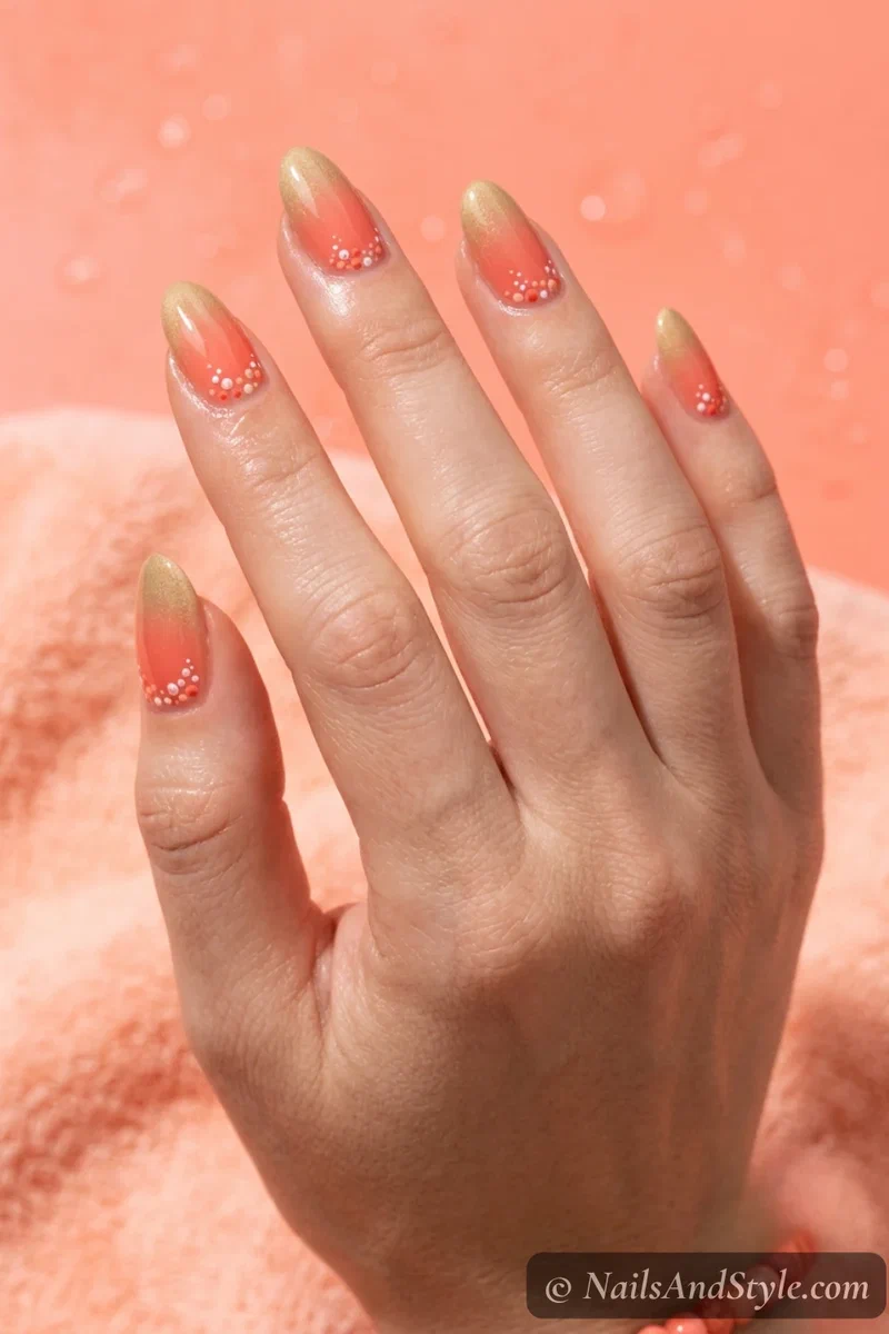 Coral reef gradient nails with white and coral dot accents