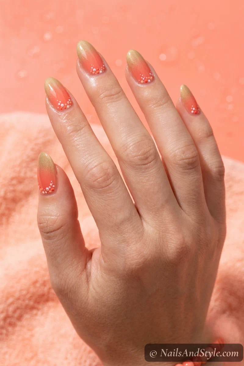Coral reef gradient nails with white and coral dot accents