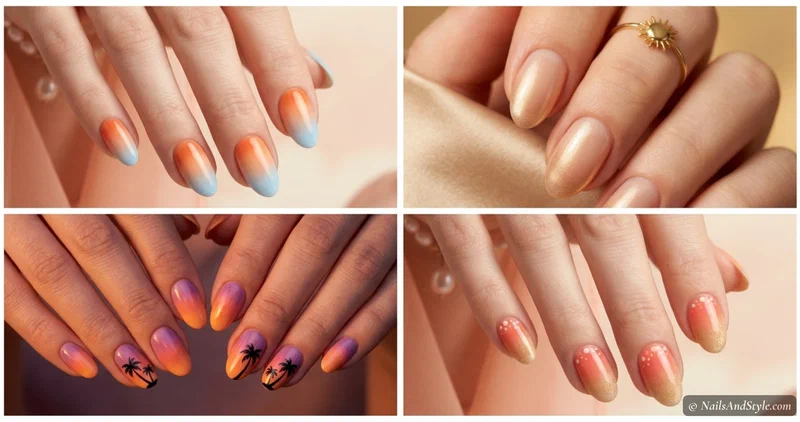 Collage of four beach sunset nail designs including tropical ombre, golden hour shimmer, palm silhouettes, and coral gradient