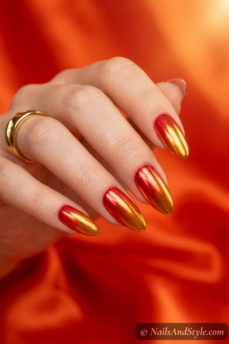 Fiery dusk chrome nails with red to orange gradient and metallic shift