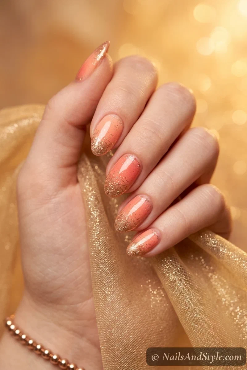 Peach to coral ombre nails with fine gold glitter at the base