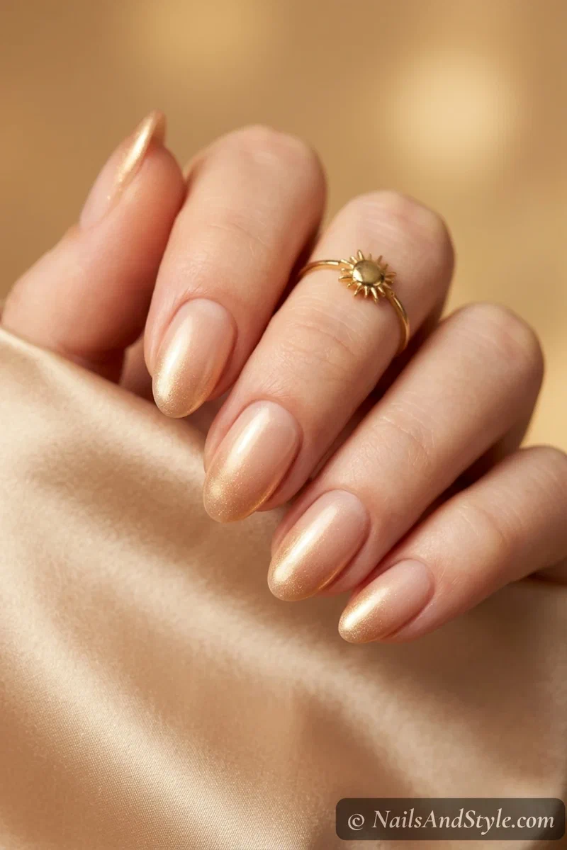 Golden hour shimmer nails with subtle gold gradient on nude base