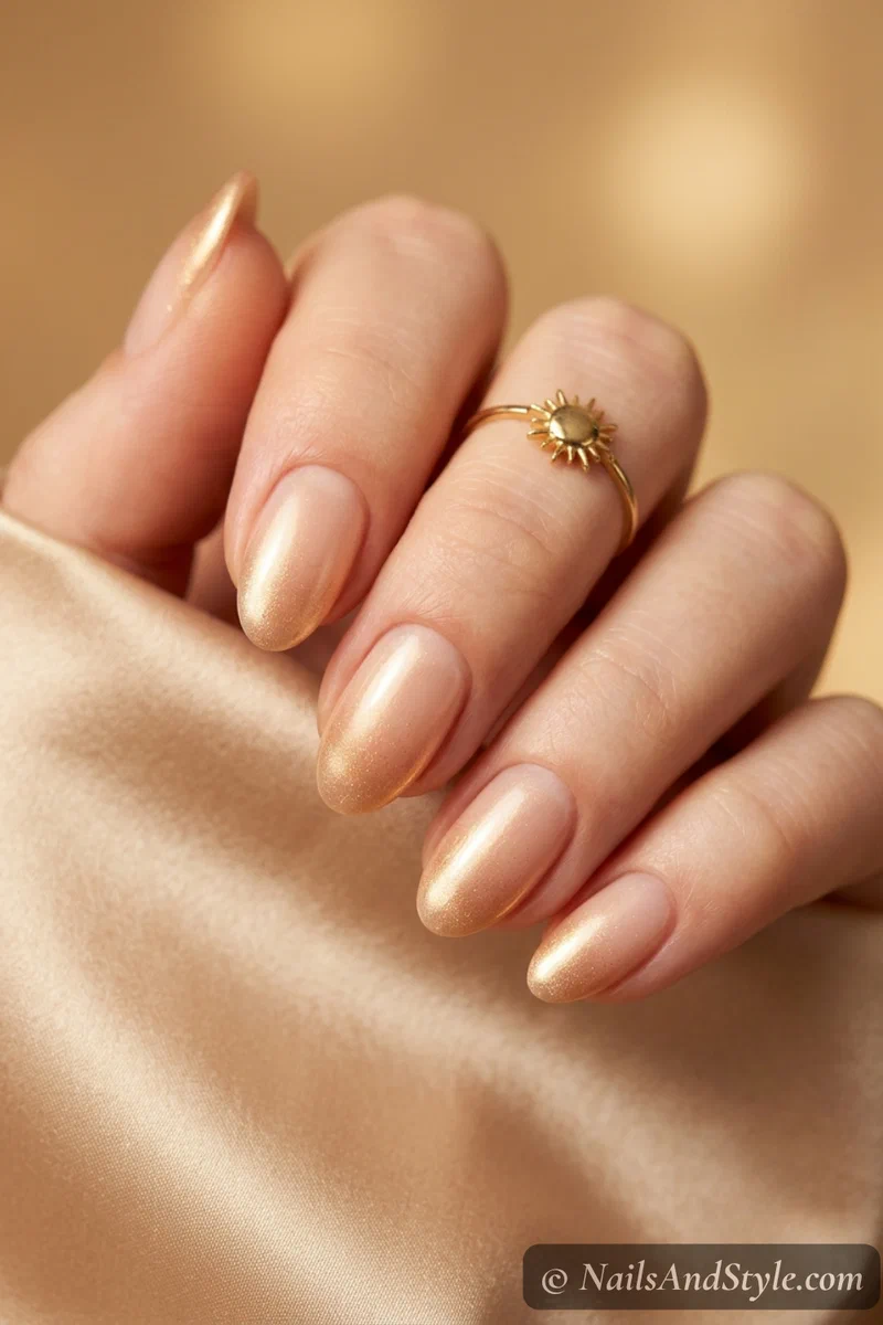 Golden hour shimmer nails with subtle gold gradient on nude base