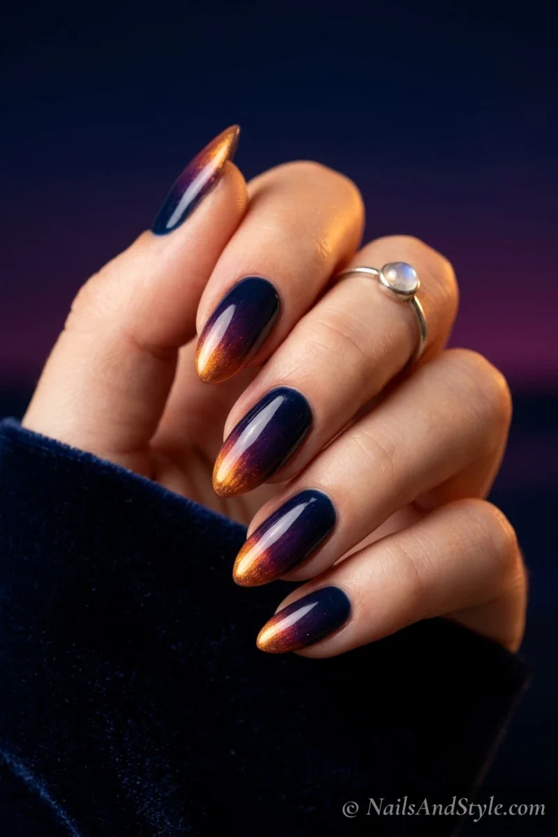 Dark navy to purple to fiery orange midnight beach ombre nails