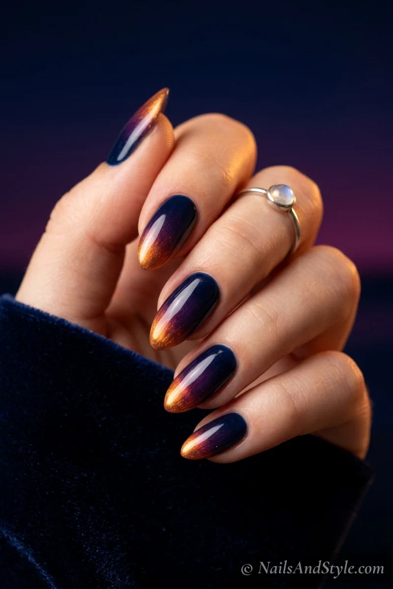 Dark navy to purple to fiery orange midnight beach ombre nails