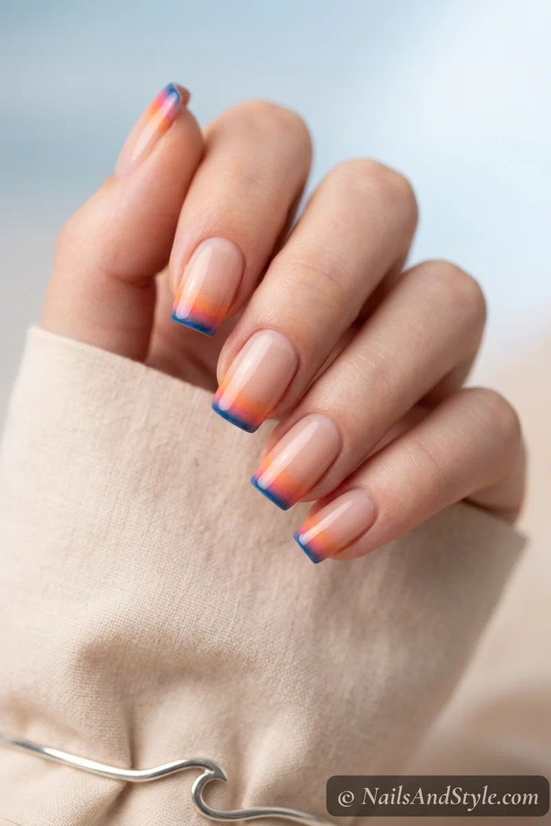 Sunset gradient French tip nails with orange pink and blue tips on a nude base