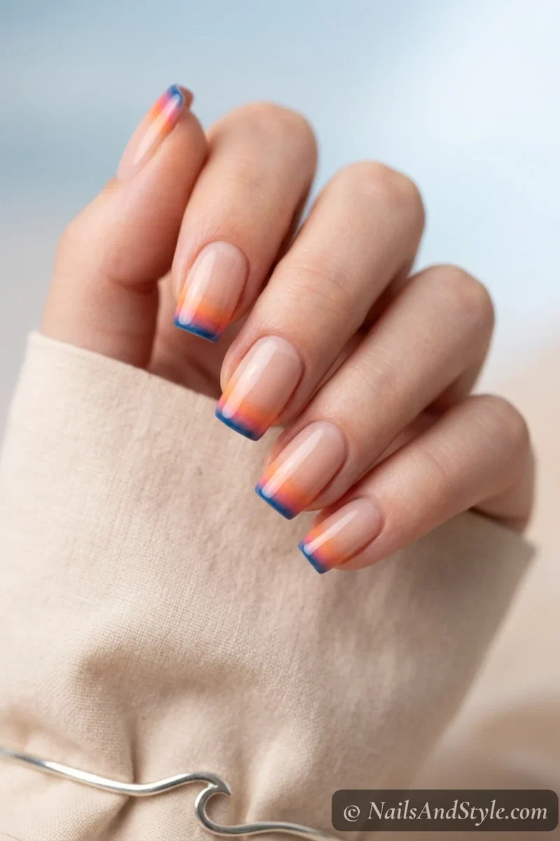 Sunset gradient French tip nails with orange pink and blue tips on a nude base