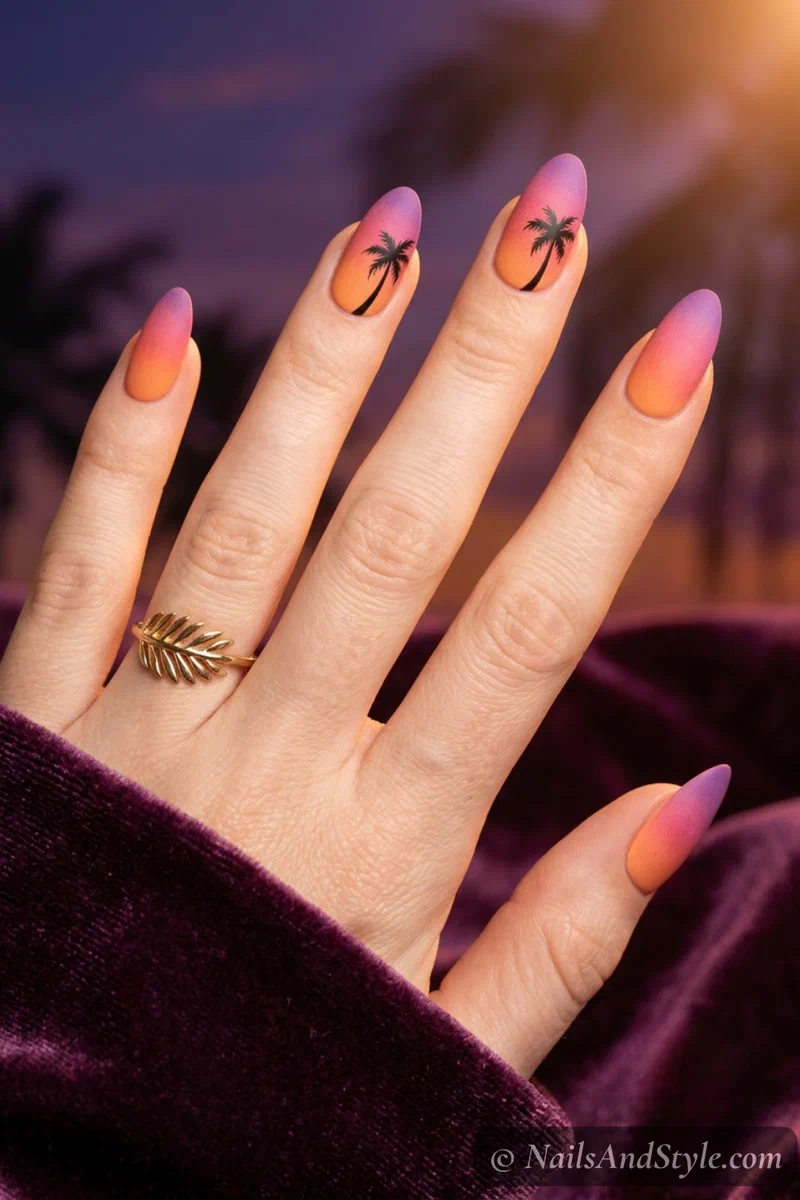 Sunset gradient nails with black palm tree silhouettes on accent nails