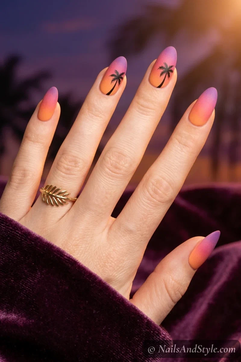 Sunset gradient nails with black palm tree silhouettes on accent nails