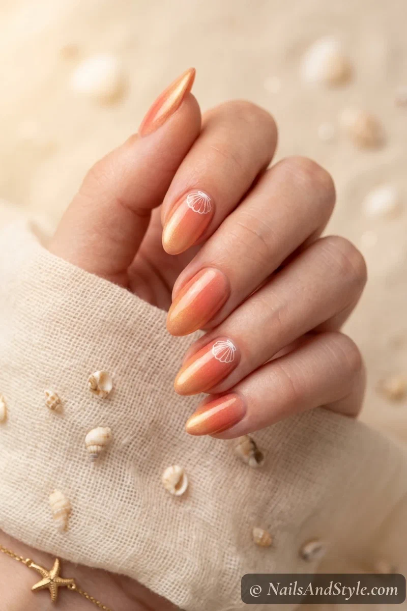 Warm sunset gradient nails with white seashell accent art