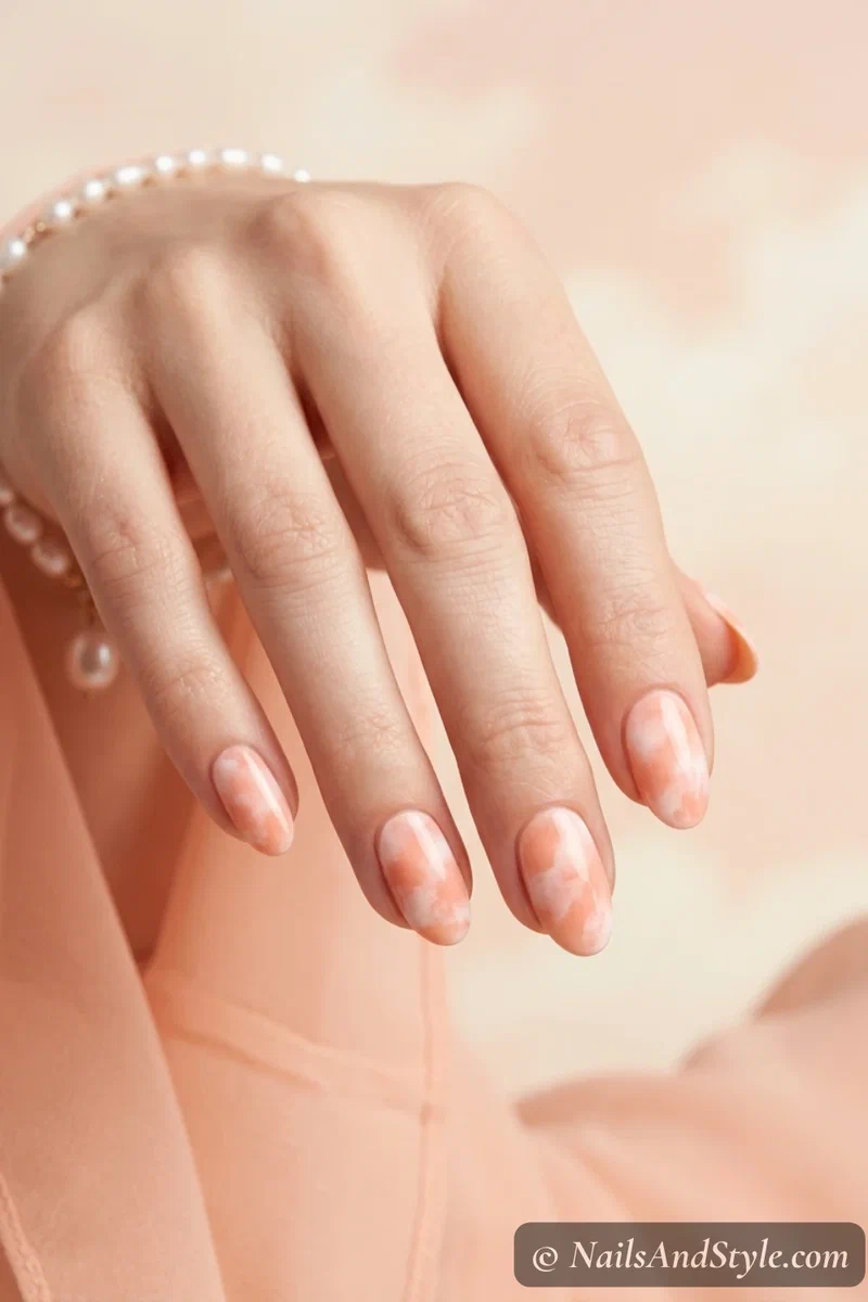 Soft peach and white cloud blend nails with watercolor effect