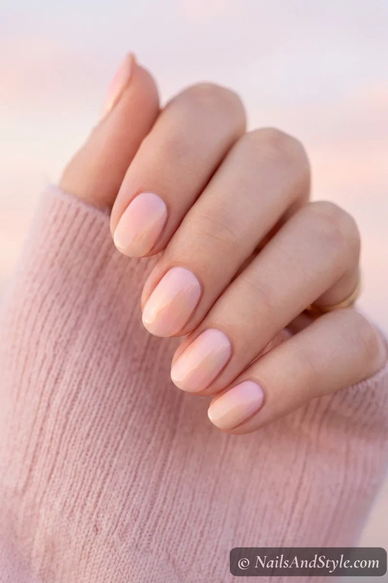 Soft pastel sunrise nails in pale pink baby peach and light gold