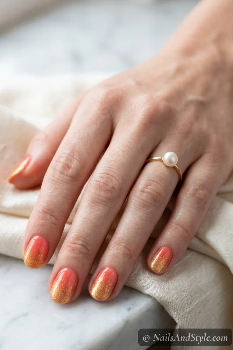 Coral to gold shimmer gradient nails on short round nails
