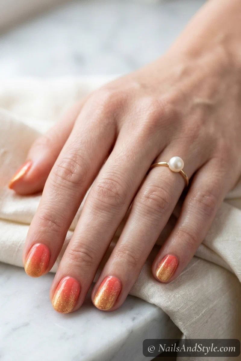 Coral to gold shimmer gradient nails on short round nails