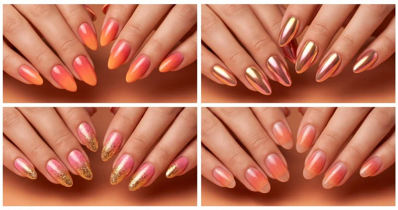 Collage of four sunset gradient nail designs including classic ombre, chrome sunset, coral-gold fade, and jelly sunset gradient