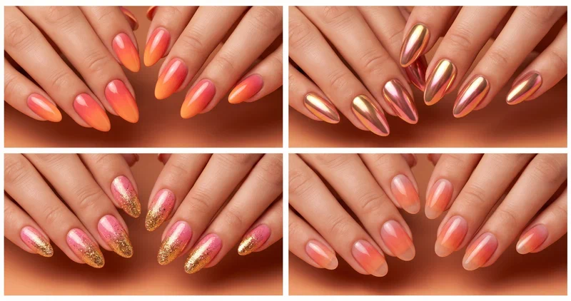 Collage of four sunset gradient nail designs including classic ombre, chrome sunset, coral-gold fade, and jelly sunset gradient