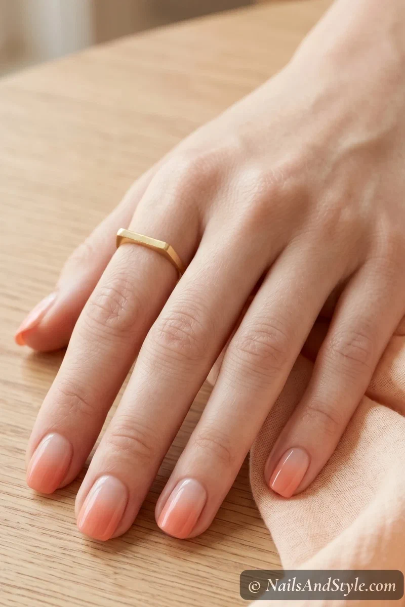 Subtle nude to coral soft gradient nails on short squoval nails