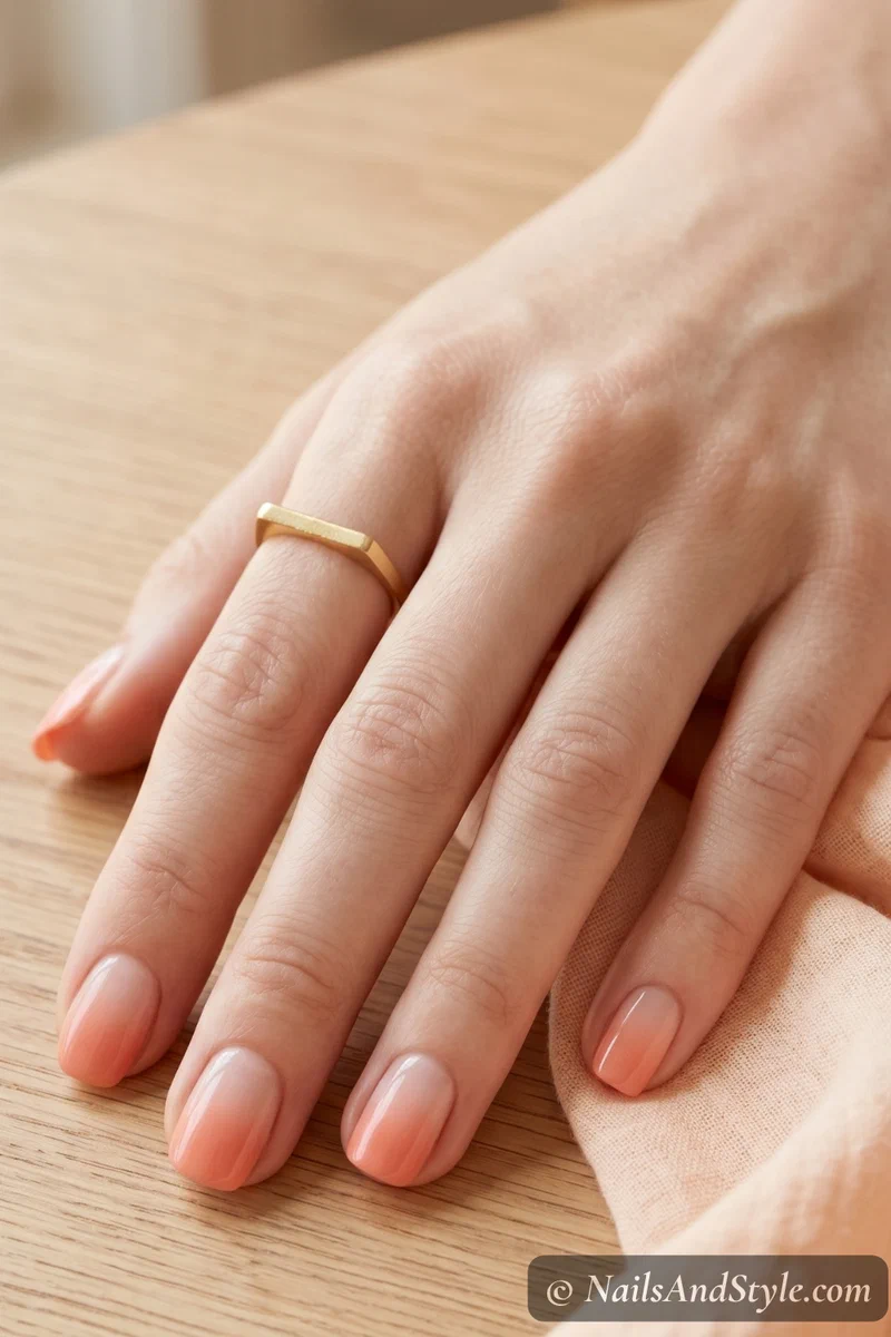 Subtle nude to coral soft gradient nails on short squoval nails