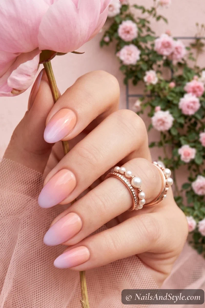 Pastel sunset ombre nails in soft peach pink and lilac on medium nails