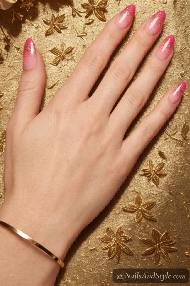 Pink sunset gradient nails with gold glitter concentrated at the tips