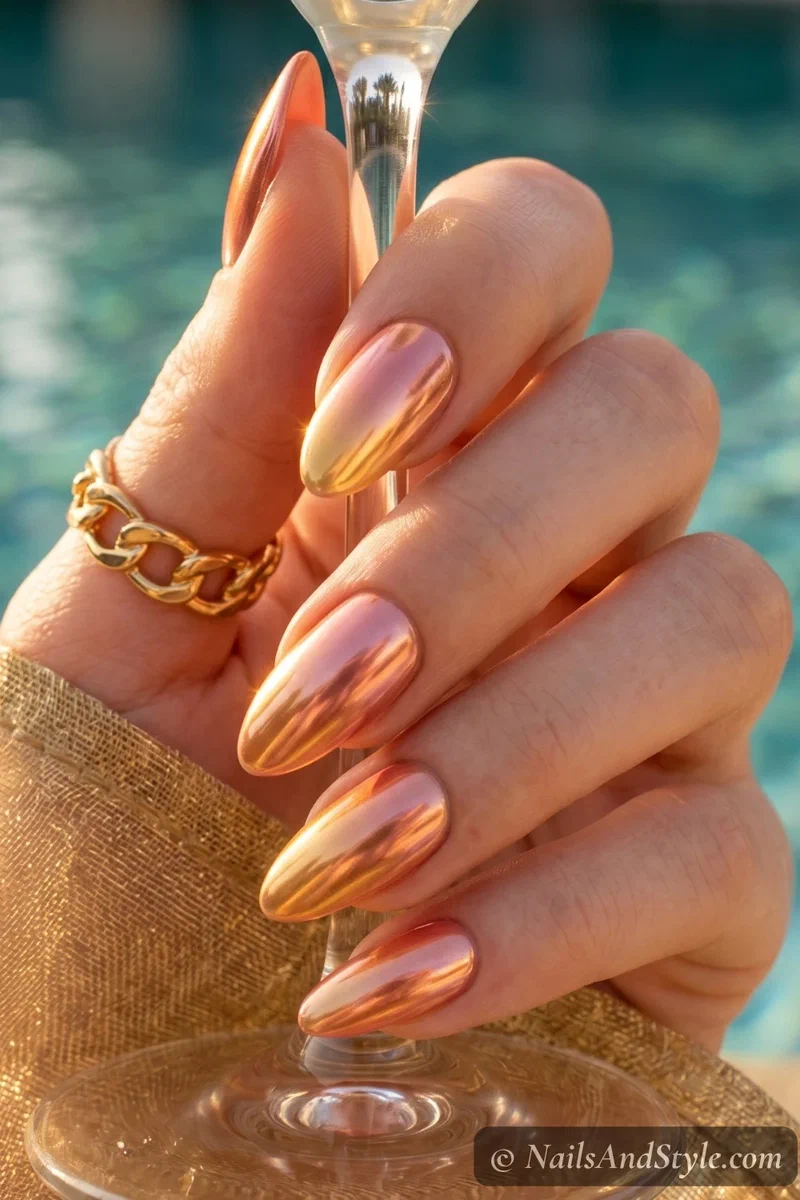 Sunset chrome ombre nails with gold-to-pink mirror shift on medium almond nails