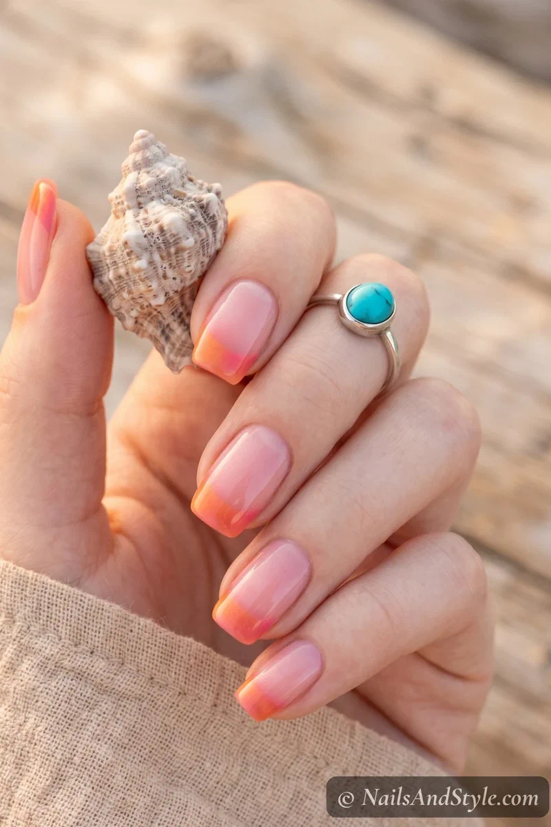 Sunset gradient French tip nails with orange to pink ombre tips on a sheer base