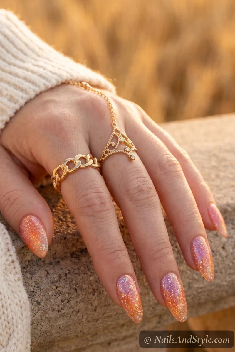 Sunset gradient nails with holographic glitter blended throughout the ombre fade