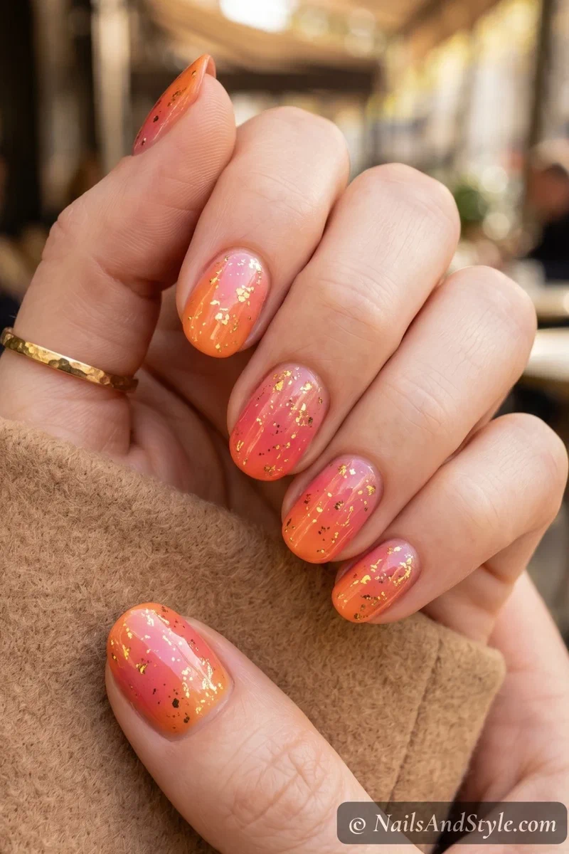 Sunset gradient nails with scattered gold foil accents on medium round nails
