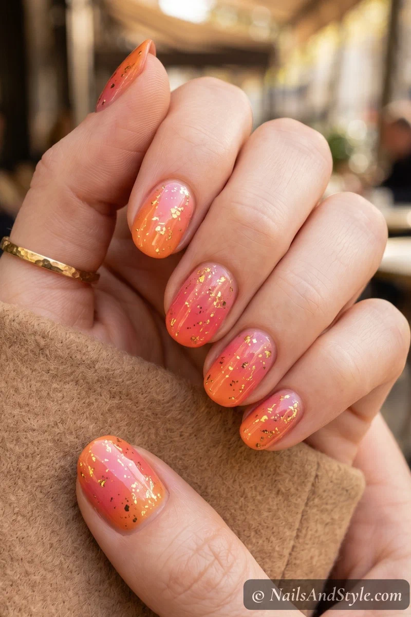 Sunset gradient nails with scattered gold foil accents on medium round nails