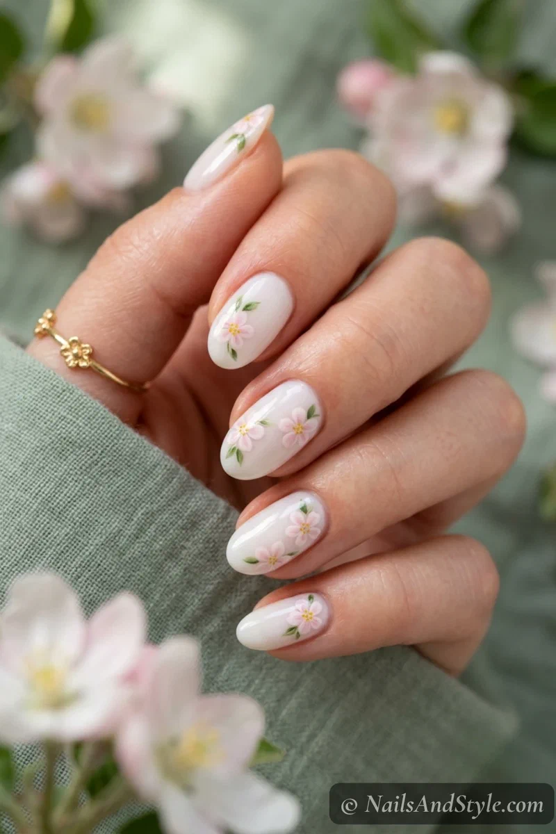 Apple blossom floral nails with tiny pale pink blossoms and green leaves over a milky base on medium oval nails