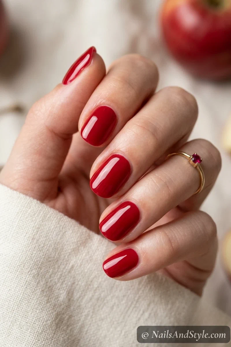 Apple red gloss nails with a rich classic red and glossy finish on short round nails