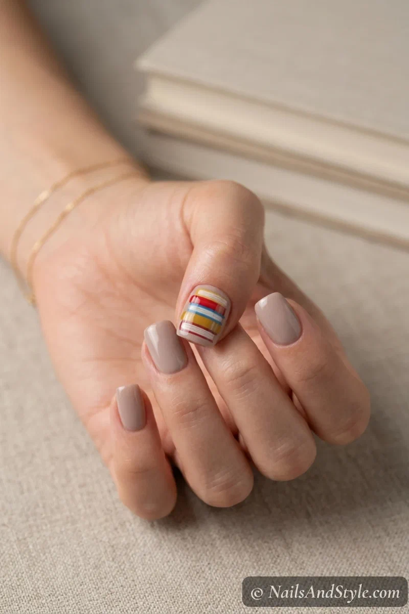 Book stack accent nails with colorful stacked book spines on one neutral accent nail, short squoval nails