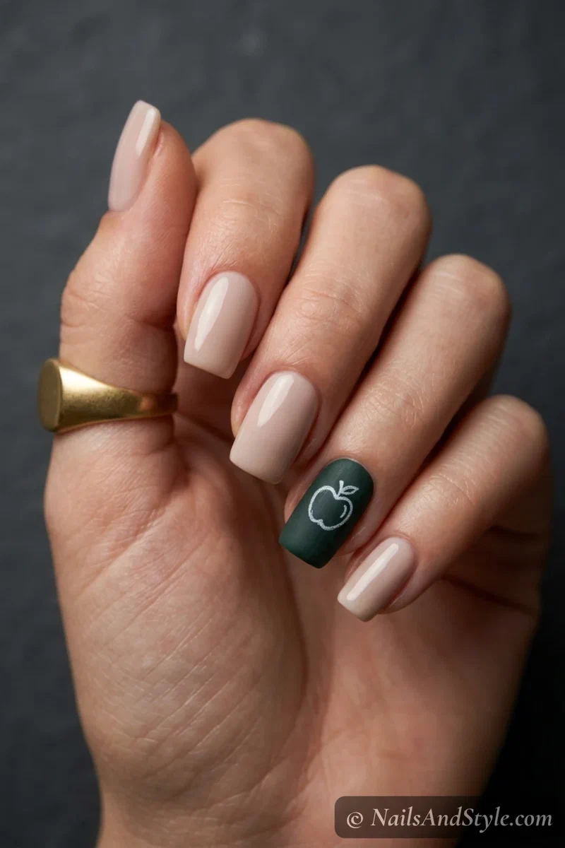 Chalkboard apple accent nails with a dark green accent nail and a small white chalk-style apple doodle, medium squoval nails
