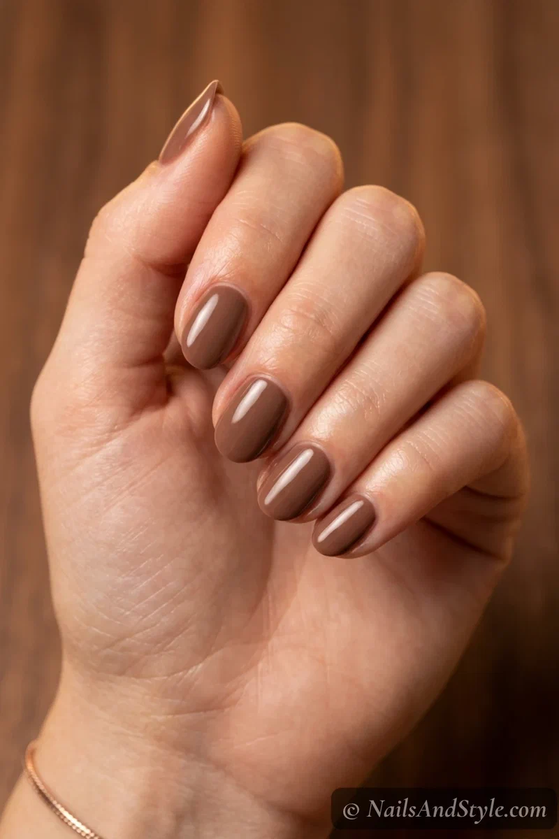 Chocolate brown nails with a warm milky brown cream and glossy finish on short oval nails