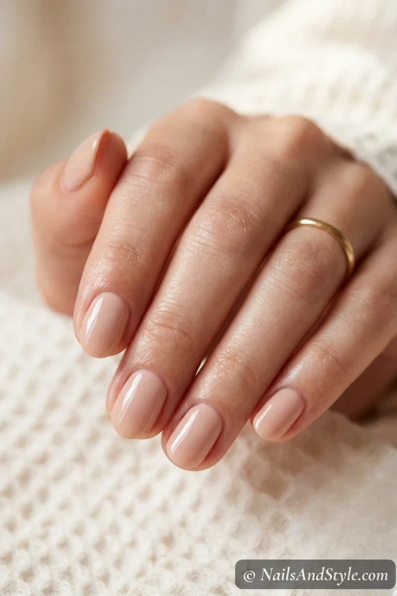 Classic nude gloss nails with a smooth skin-tone nude and glossy finish on short oval nails