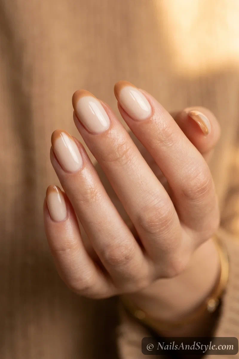 Cream and caramel French nails with soft caramel tips over a cream base on medium oval nails