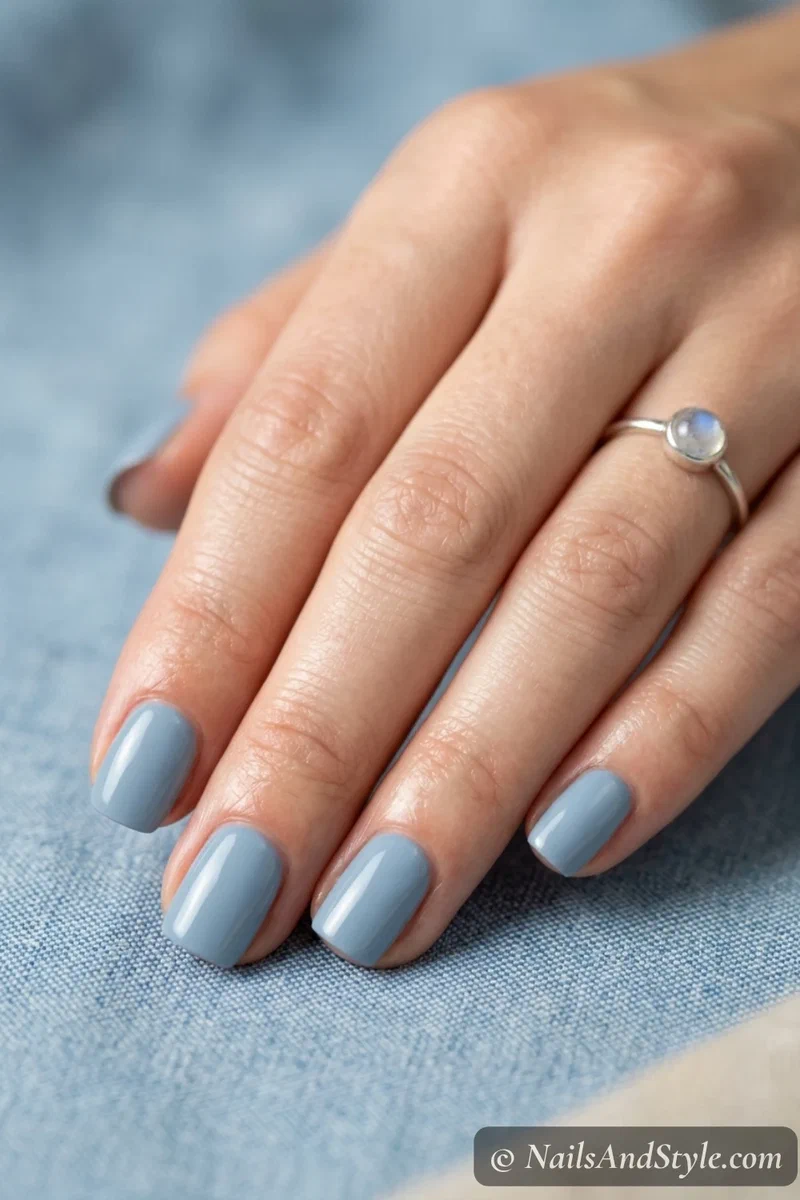 Dusty blue nails with a soft muted blue cream and glossy finish on short squoval nails