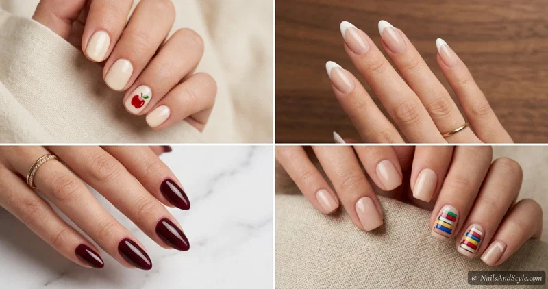 Collage of four teacher nail looks — red apple accent, neutral almond French, deep burgundy, and a colorful book stack accent nail