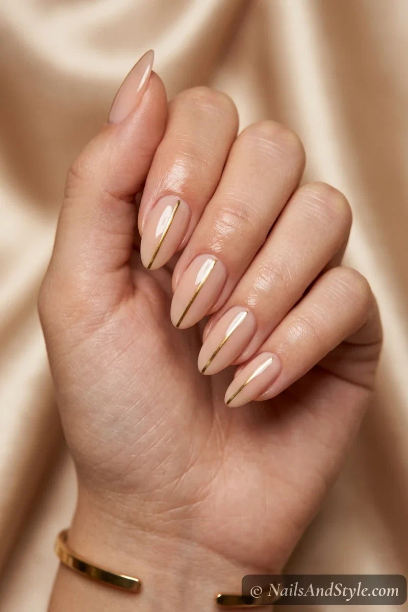 Gold accent line nails with a thin gold stripe over a nude base on medium almond nails