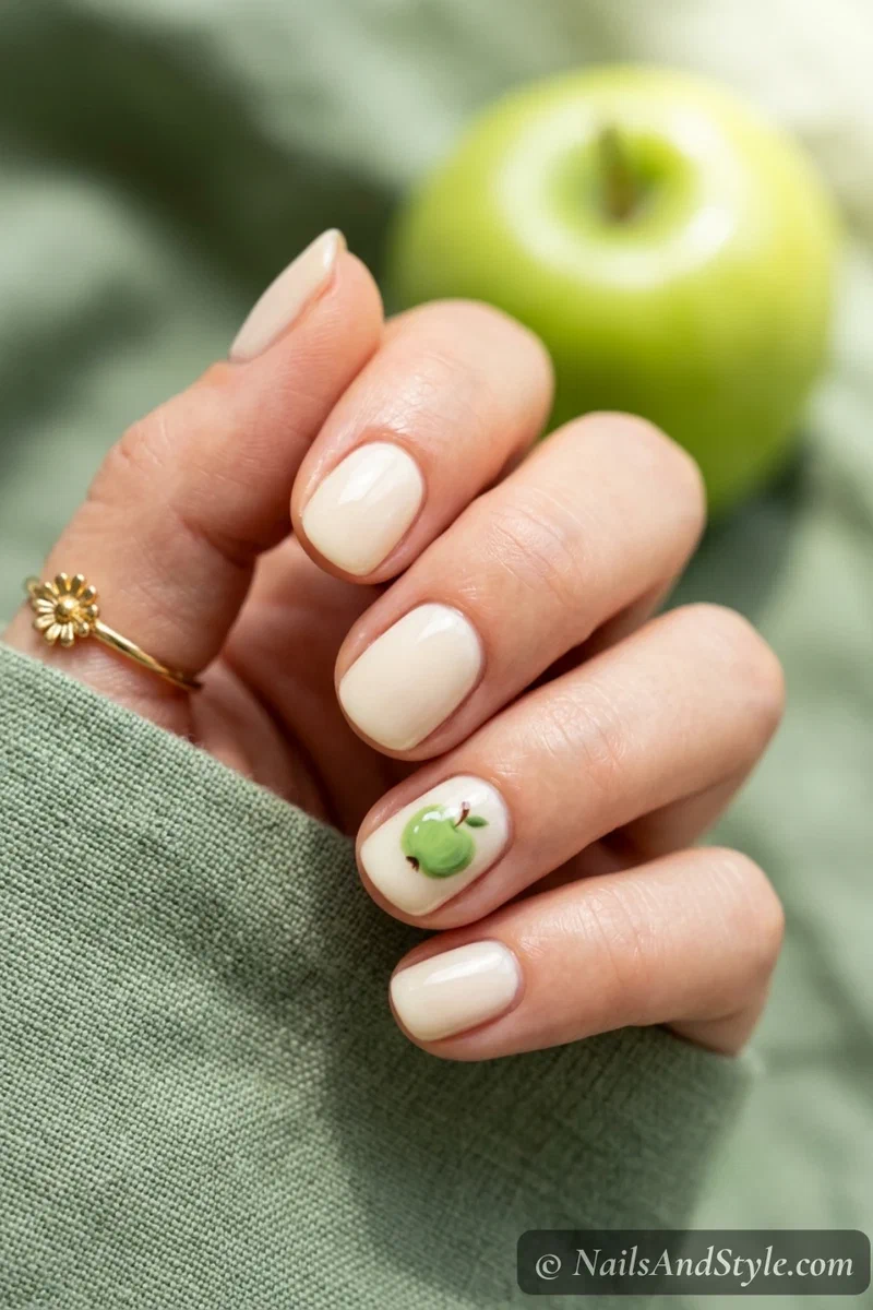 Green apple accent nails with a little green apple on a cream accent nail, short round nails