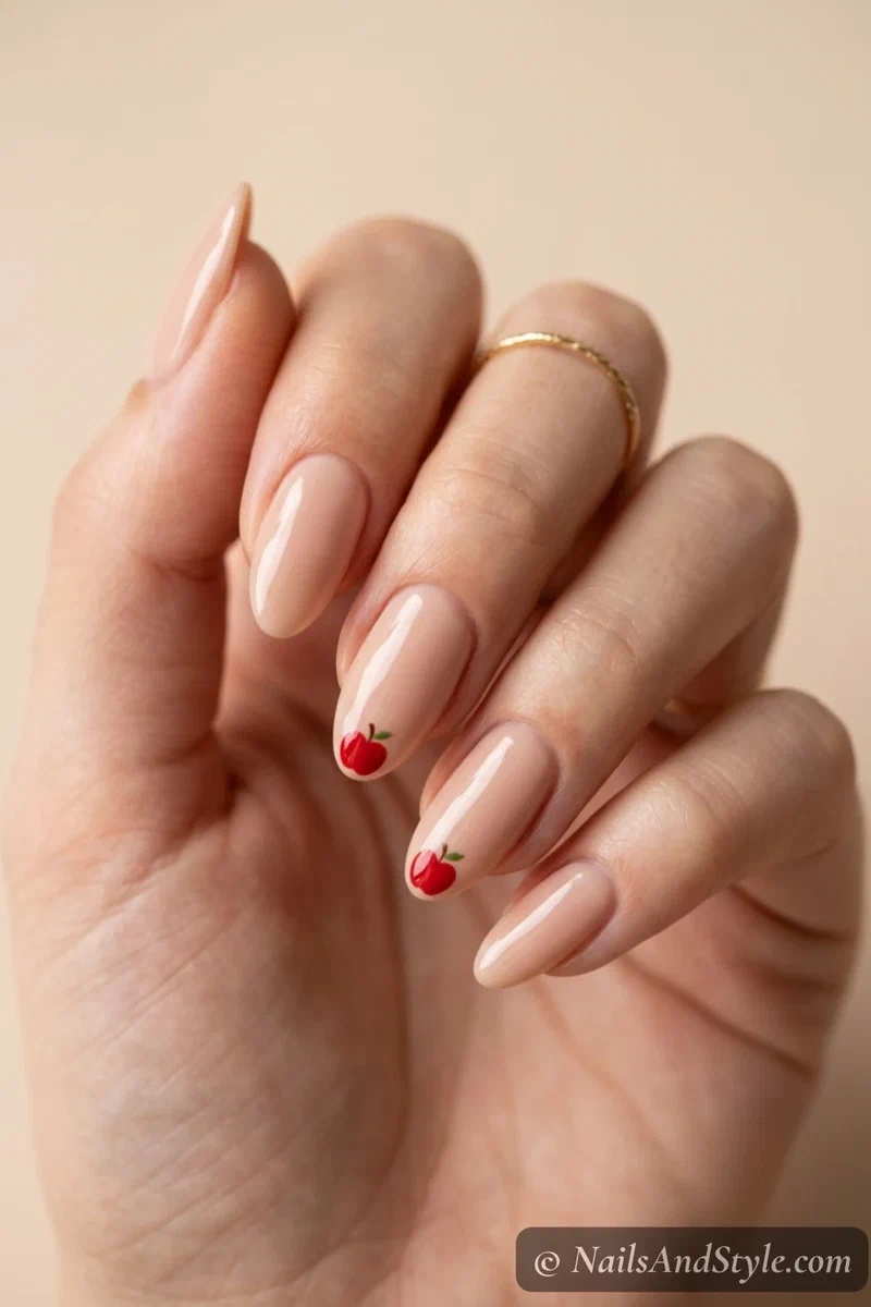 Little apple tip nails with tiny red apples at the tips over a nude base on medium almond nails