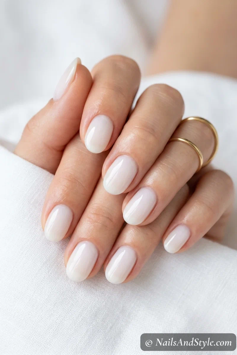 Milky white nails with a soft semi-sheer white and glossy finish on short oval nails