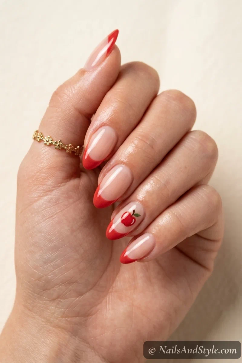 Mini apple French nails with soft red French tips and one tiny apple accent on medium almond nails
