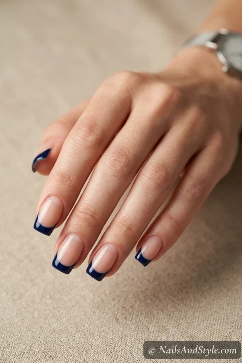 Navy French tip nails with deep navy tips over a sheer nude base on medium squoval nails