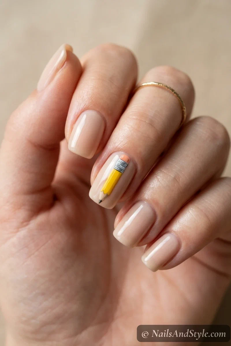 Pencil accent nails with a plain yellow pencil on one neutral accent nail, short squoval nails